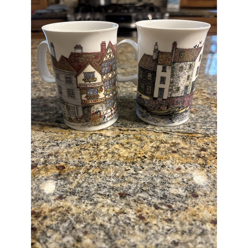 2 Dunoon Mugs English Cottages Sue Scullard Tea Cup Made England Fine Bone China